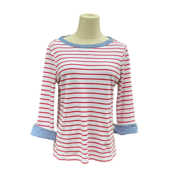 NAUTICAL RED White Striped SAILOR Top Chambray Trim Crew Neck Medium - Picture 1 of 8